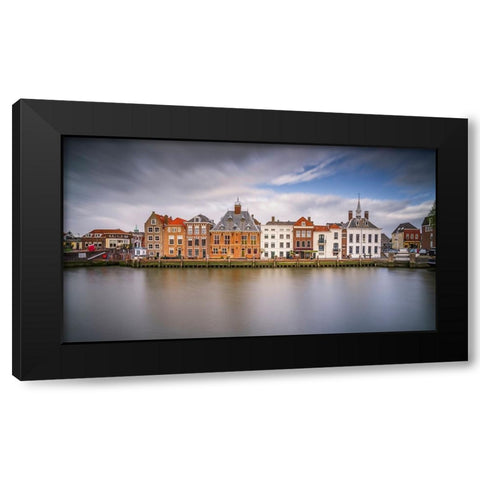 Europe-The Netherlands-Maassluis-Row of buildings on ocean pier Black Modern Wood Framed Art Print by Jaynes Gallery