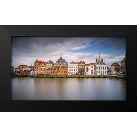 Europe-The Netherlands-Maassluis-Row of buildings on ocean pier Black Modern Wood Framed Art Print by Jaynes Gallery