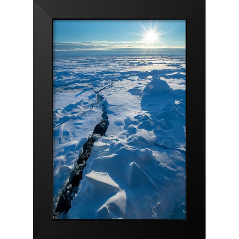 Norway Icescape at 84 degrees north-crack in ice with sunburst Black Modern Wood Framed Art Print by Hopkins, Cindy Miller