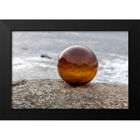 Norway- Lofoten Islands- Vareid. Mountains and ocean viewed through a glass ball Black Modern Wood Framed Art Print by Looney, Hollice