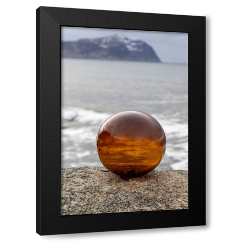 Norway- Lofoten Islands- Vareid. Mountains and ocean viewed through a glass ball Black Modern Wood Framed Art Print with Double Matting by Looney, Hollice