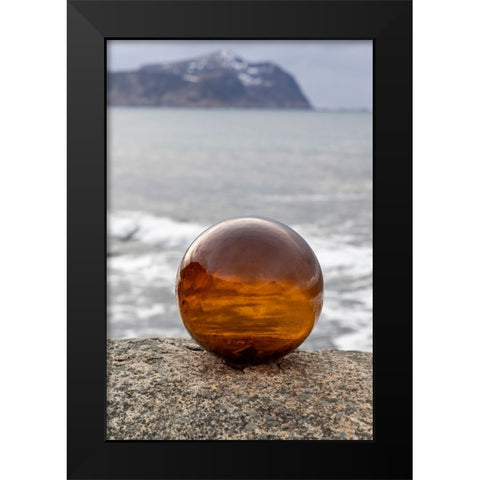 Norway- Lofoten Islands- Vareid. Mountains and ocean viewed through a glass ball Black Modern Wood Framed Art Print by Looney, Hollice