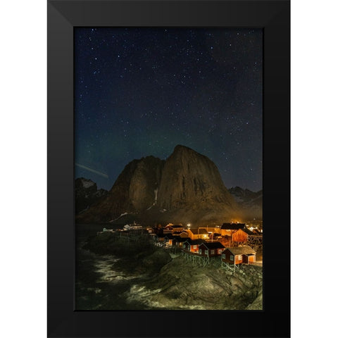 Norway- Lofoten Islands. Aurora Borealis In the sky above Hamnoy in Reine Black Modern Wood Framed Art Print by Looney, Hollice