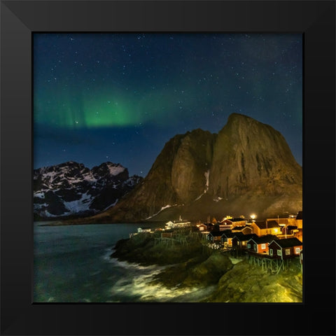 Norway- Lofoten Islands. Aurora Borealis In the sky above Hamnoy in Reine Black Modern Wood Framed Art Print by Looney, Hollice
