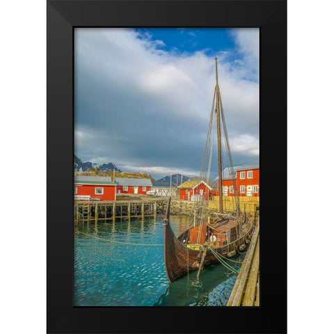 Norway- Lofoten Islands. Ballstadoy from across the lake Black Modern Wood Framed Art Print by Looney, Hollice