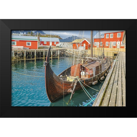 Norway- Lofoten Islands. Ballstadoy from across the lake Black Modern Wood Framed Art Print by Looney, Hollice