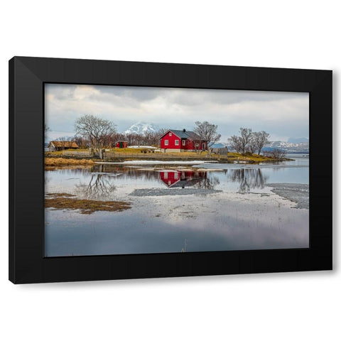 Norway- Lofoten Islands. View across Indrepollen Lake. Black Modern Wood Framed Art Print with Double Matting by Looney, Hollice