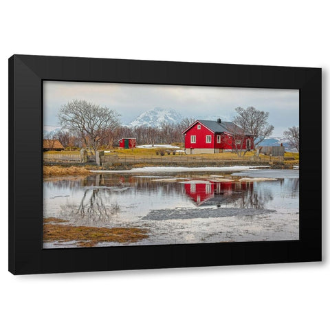 Norway- Lofoten Islands. View across Indrepollen Lake. Black Modern Wood Framed Art Print with Double Matting by Looney, Hollice