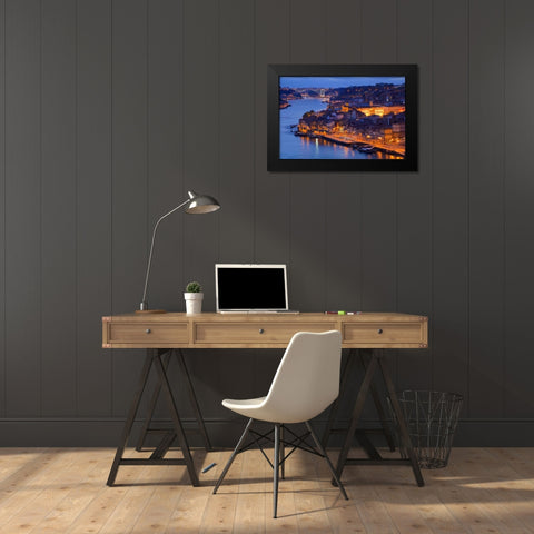 Portugal, Porto Overview of city at night Black Modern Wood Framed Art Print by Zuckerman, Jim