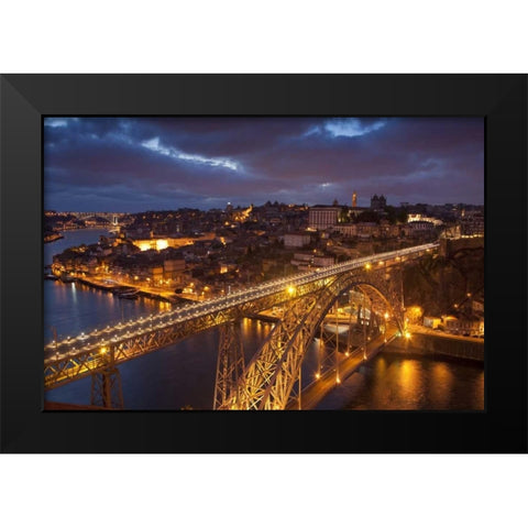 Portugal, Porto Dom Luis I Bridge lit at night Black Modern Wood Framed Art Print by Zuckerman, Jim