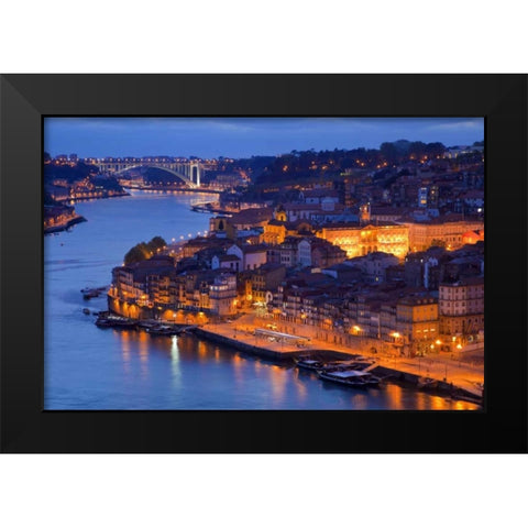 Portugal, Porto View of city and harbor at night Black Modern Wood Framed Art Print by Zuckerman, Jim