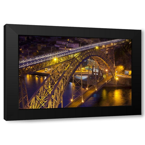 Portugal, Porto Dom Luis I Bridge lit at night Black Modern Wood Framed Art Print by Zuckerman, Jim