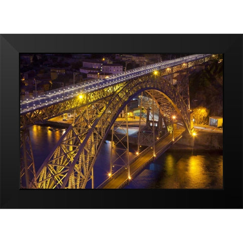 Portugal, Porto Dom Luis I Bridge lit at night Black Modern Wood Framed Art Print by Zuckerman, Jim