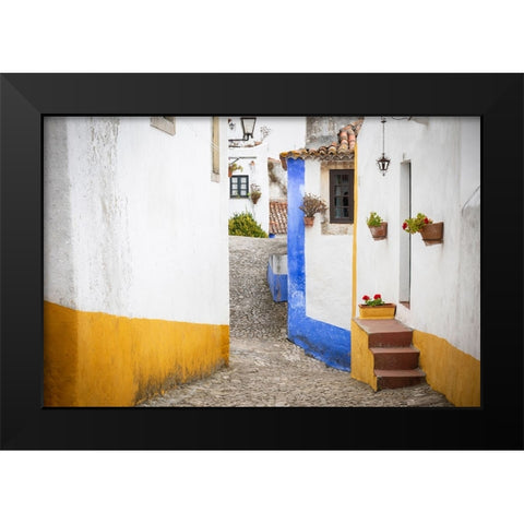 Europe-Portugal-Obidos-Houses on cobblestone street Black Modern Wood Framed Art Print by Jaynes Gallery