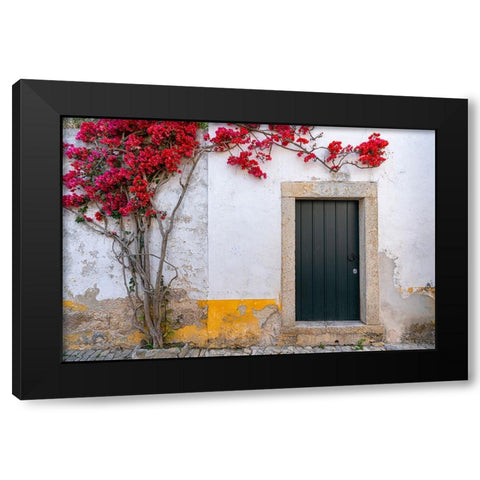 Europe-Portugal-Obidos-Bougainvillea plant on house wall Black Modern Wood Framed Art Print by Jaynes Gallery