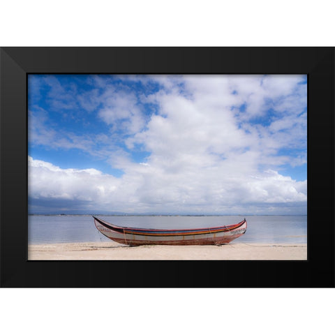Europe-Portugal-Torreira-Traditional fishing boat on beach Black Modern Wood Framed Art Print by Jaynes Gallery