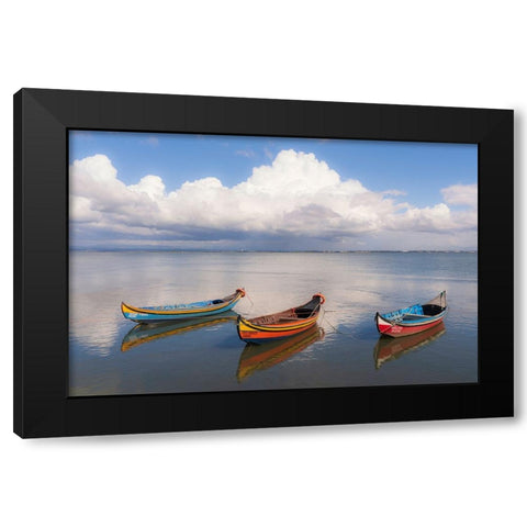 Europe-Portugal-Aveiro Lagoon-Traditional fishing boats moored in water Black Modern Wood Framed Art Print by Jaynes Gallery