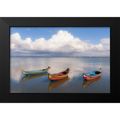 Europe-Portugal-Aveiro Lagoon-Traditional fishing boats moored in water Black Modern Wood Framed Art Print by Jaynes Gallery