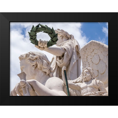 Portugal-Lisbon-Close-up of sculptures at the top of 18th century Arco da Rua Augusta-Statue of Glo Black Modern Wood Framed Art Print by Eggers, Julie
