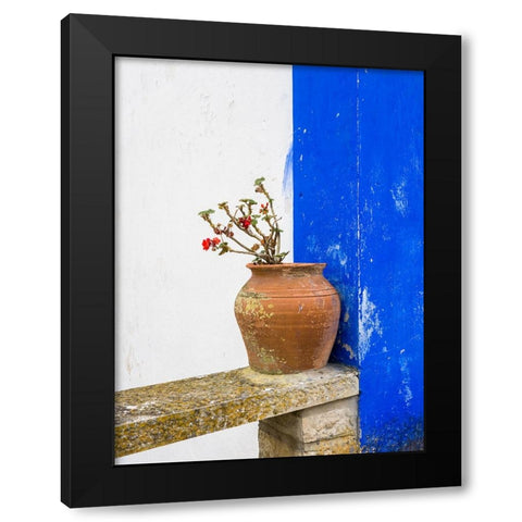 Portugal-Obidos-Plant in a terracotta pot on stone bench Black Modern Wood Framed Art Print by Eggers, Julie