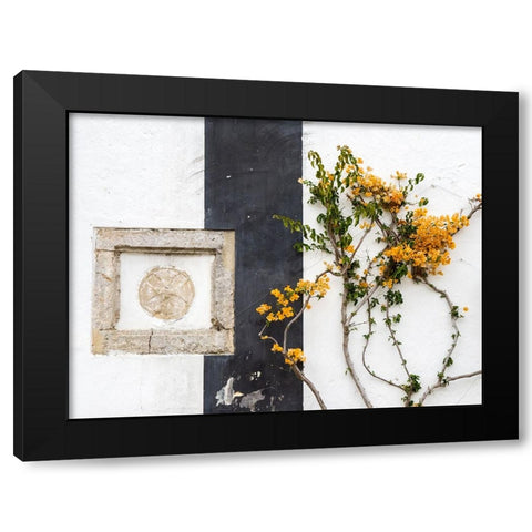 Portugal-Obidos-Orange bougainvillea growing against a wall and carved sculpture on wall Black Modern Wood Framed Art Print with Double Matting by Eggers, Julie