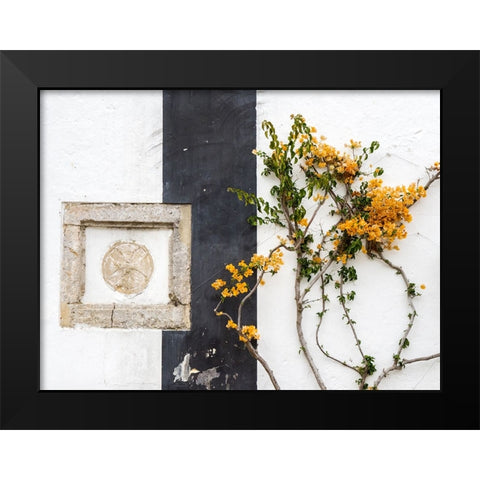 Portugal-Obidos-Orange bougainvillea growing against a wall and carved sculpture on wall Black Modern Wood Framed Art Print by Eggers, Julie