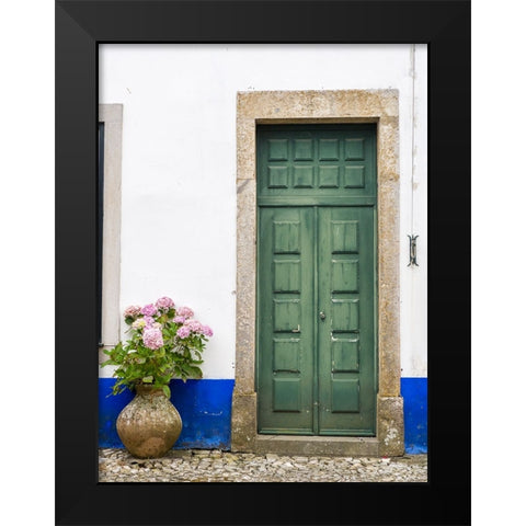 Portugal-Obidos-Pink hydrangea in terracotta pot next to a green door Black Modern Wood Framed Art Print by Eggers, Julie