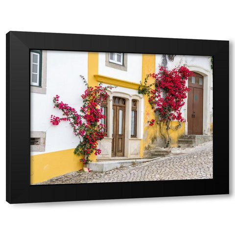 Portugal-Obidos-Dark pink bougainvillea vine growing along side the entrance of a home in the walle Black Modern Wood Framed Art Print by Eggers, Julie