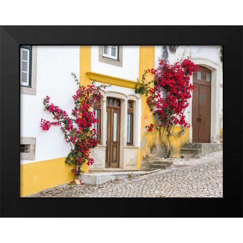 Portugal-Obidos-Dark pink bougainvillea vine growing along side the entrance of a home in the walle Black Modern Wood Framed Art Print by Eggers, Julie