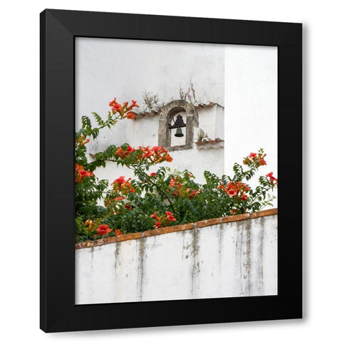 Portugal-Obidos-Orange trumpet vine growing below a church bell in the medieval village of Obidos Black Modern Wood Framed Art Print with Double Matting by Eggers, Julie