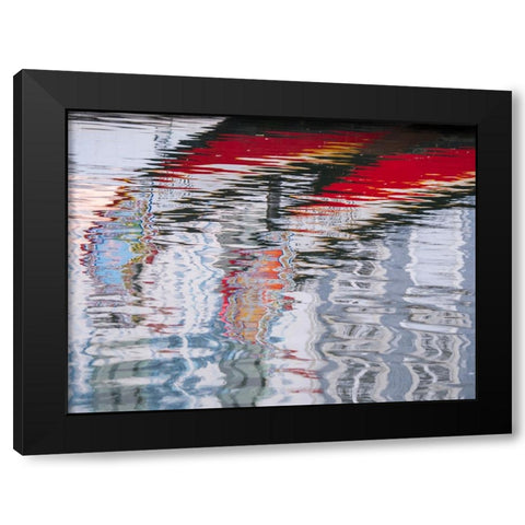 Portugal-Aveiro-Reflections of traditional and colorful salt boats-called Moliceiro-in the canals o Black Modern Wood Framed Art Print with Double Matting by Eggers, Julie