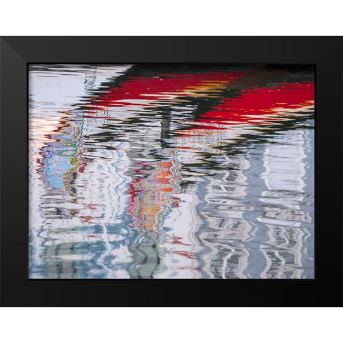 Portugal-Aveiro-Reflections of traditional and colorful salt boats-called Moliceiro-in the canals o Black Modern Wood Framed Art Print by Eggers, Julie