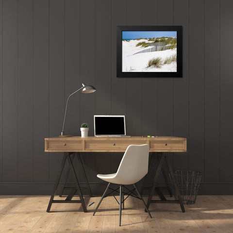 Portugal-Costa Nova-Beach grass-sand and old fence line at the beach resort of Costa Nova near Avei Black Modern Wood Framed Art Print by Eggers, Julie