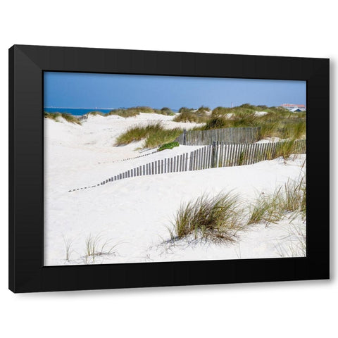 Portugal-Costa Nova-Beach grass-sand and old fence line at the beach resort of Costa Nova near Avei Black Modern Wood Framed Art Print by Eggers, Julie