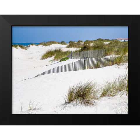 Portugal-Costa Nova-Beach grass-sand and old fence line at the beach resort of Costa Nova near Avei Black Modern Wood Framed Art Print by Eggers, Julie
