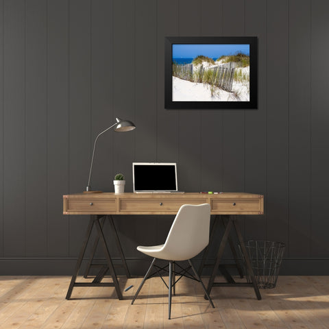 Portugal-Costa Nova-Beach grass-sand and old fence line at the beach resort of Costa Nova near Avei Black Modern Wood Framed Art Print by Eggers, Julie