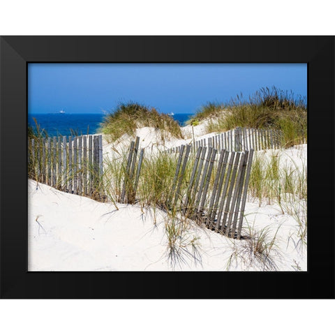 Portugal-Costa Nova-Beach grass-sand and old fence line at the beach resort of Costa Nova near Avei Black Modern Wood Framed Art Print by Eggers, Julie
