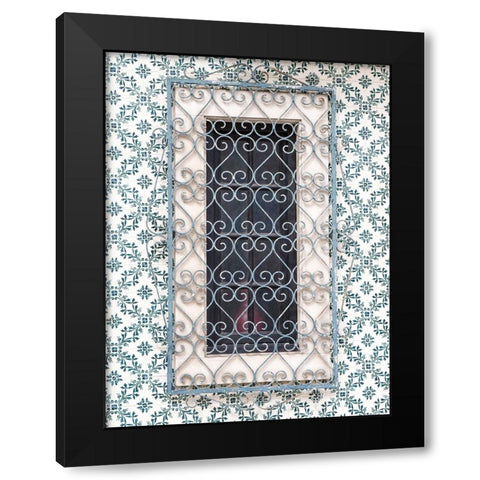 Portugal-Aveiro-Shuttered window on tiled wall with wrought iron covering Black Modern Wood Framed Art Print by Eggers, Julie