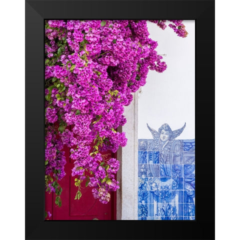 Portugal-Lisbon-Pink flowers of Bougainvillea plant and historical building next to Miradouro de Sa Black Modern Wood Framed Art Print by Eggers, Julie