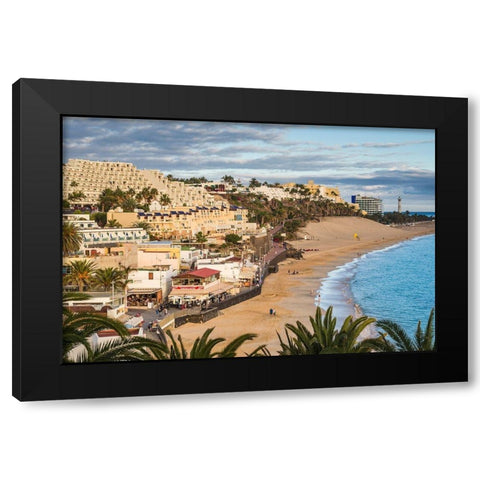 Canary Islands-Fuerteventura Island-Morro Jable-high angle view of Playa de la Cebada beach-sunset Black Modern Wood Framed Art Print with Double Matting by Bibikow, Walter