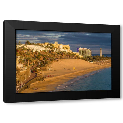 Canary Islands-Fuerteventura Island-Morro Jable-high angle view of Playa de la Cebada beach-sunset Black Modern Wood Framed Art Print with Double Matting by Bibikow, Walter