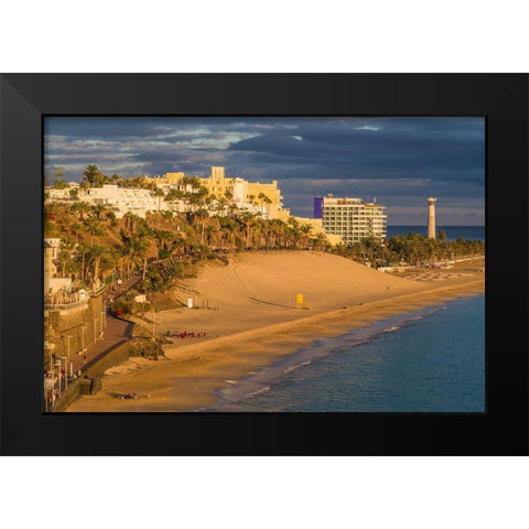 Canary Islands-Fuerteventura Island-Morro Jable-high angle view of Playa de la Cebada beach-sunset Black Modern Wood Framed Art Print by Bibikow, Walter