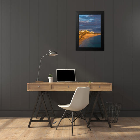 Canary Islands-Fuerteventura Island-Morro Jable-high angle view of Playa de la Cebada beach-sunset Black Modern Wood Framed Art Print by Bibikow, Walter