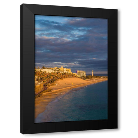 Canary Islands-Fuerteventura Island-Morro Jable-high angle view of Playa de la Cebada beach-sunset Black Modern Wood Framed Art Print with Double Matting by Bibikow, Walter