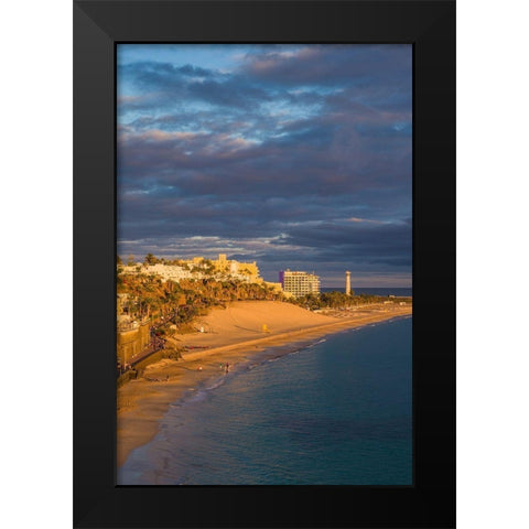 Canary Islands-Fuerteventura Island-Morro Jable-high angle view of Playa de la Cebada beach-sunset Black Modern Wood Framed Art Print by Bibikow, Walter