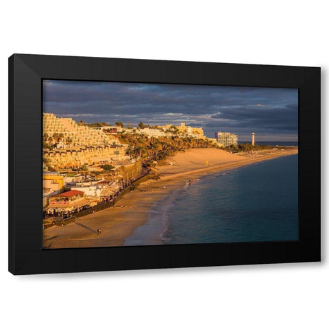 Canary Islands-Fuerteventura Island-Morro Jable-high angle view of Playa de la Cebada beach-sunset Black Modern Wood Framed Art Print with Double Matting by Bibikow, Walter