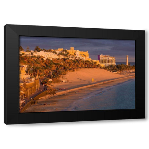 Canary Islands-Fuerteventura Island-Morro Jable-high angle view of Playa de la Cebada beach-sunset Black Modern Wood Framed Art Print with Double Matting by Bibikow, Walter