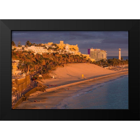 Canary Islands-Fuerteventura Island-Morro Jable-high angle view of Playa de la Cebada beach-sunset Black Modern Wood Framed Art Print by Bibikow, Walter