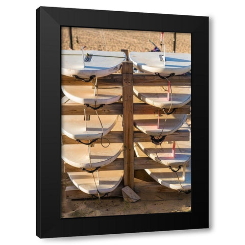 Canary Islands-Fuerteventura Island-Morro Jable-Playa del Matorral beach-surfboards Black Modern Wood Framed Art Print with Double Matting by Bibikow, Walter