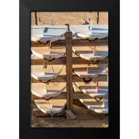 Canary Islands-Fuerteventura Island-Morro Jable-Playa del Matorral beach-surfboards Black Modern Wood Framed Art Print by Bibikow, Walter